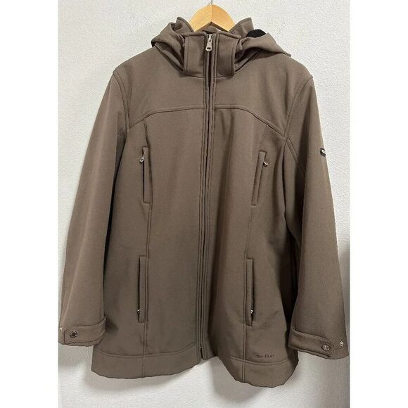 Calvin Klein Women Weather Resistant Full Zip Over Coat Hooded Brown Size Large - Picture 1 of 10